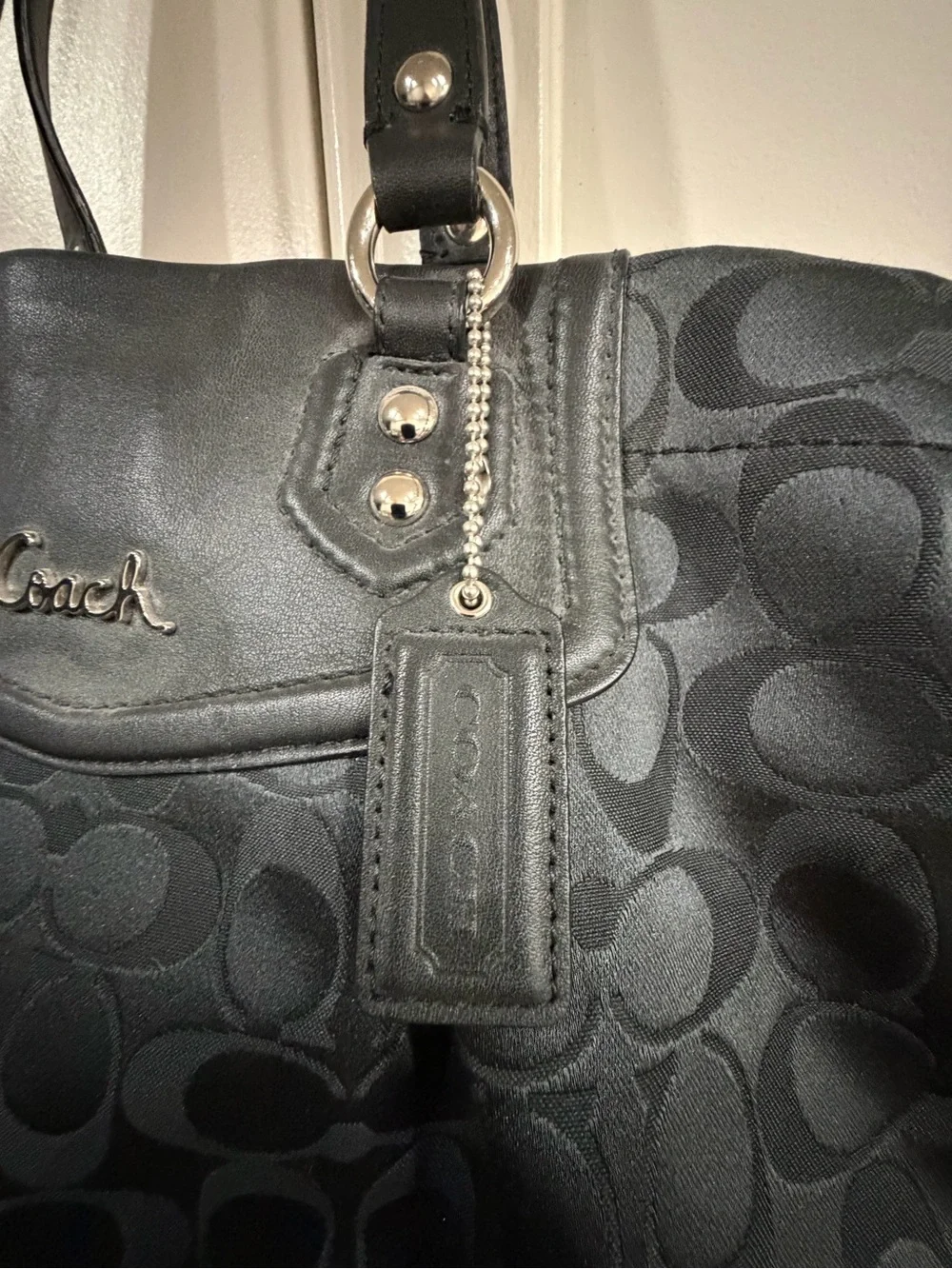 Vintage Coach Ashley Signature Convertible Black Jacquard Tote with Leather Trim